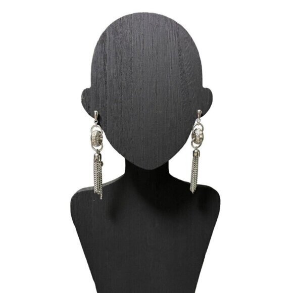 Silver Tassel And Rhinestone Dangle Drop Pierced Earrings - Picture 1 of 8